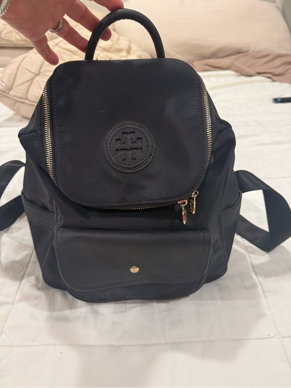 Tory Burch Black Nylon Logo Backpack with Gold-Tone Hardware